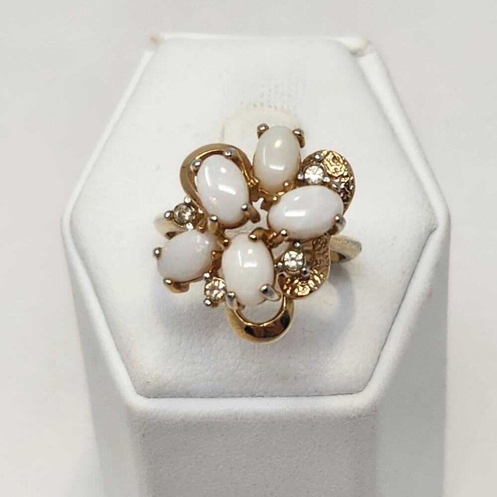 Faux Opal Cluster Rhinestone Gold Plated Cocktail Ring Size 7.75 Costume Jewelry